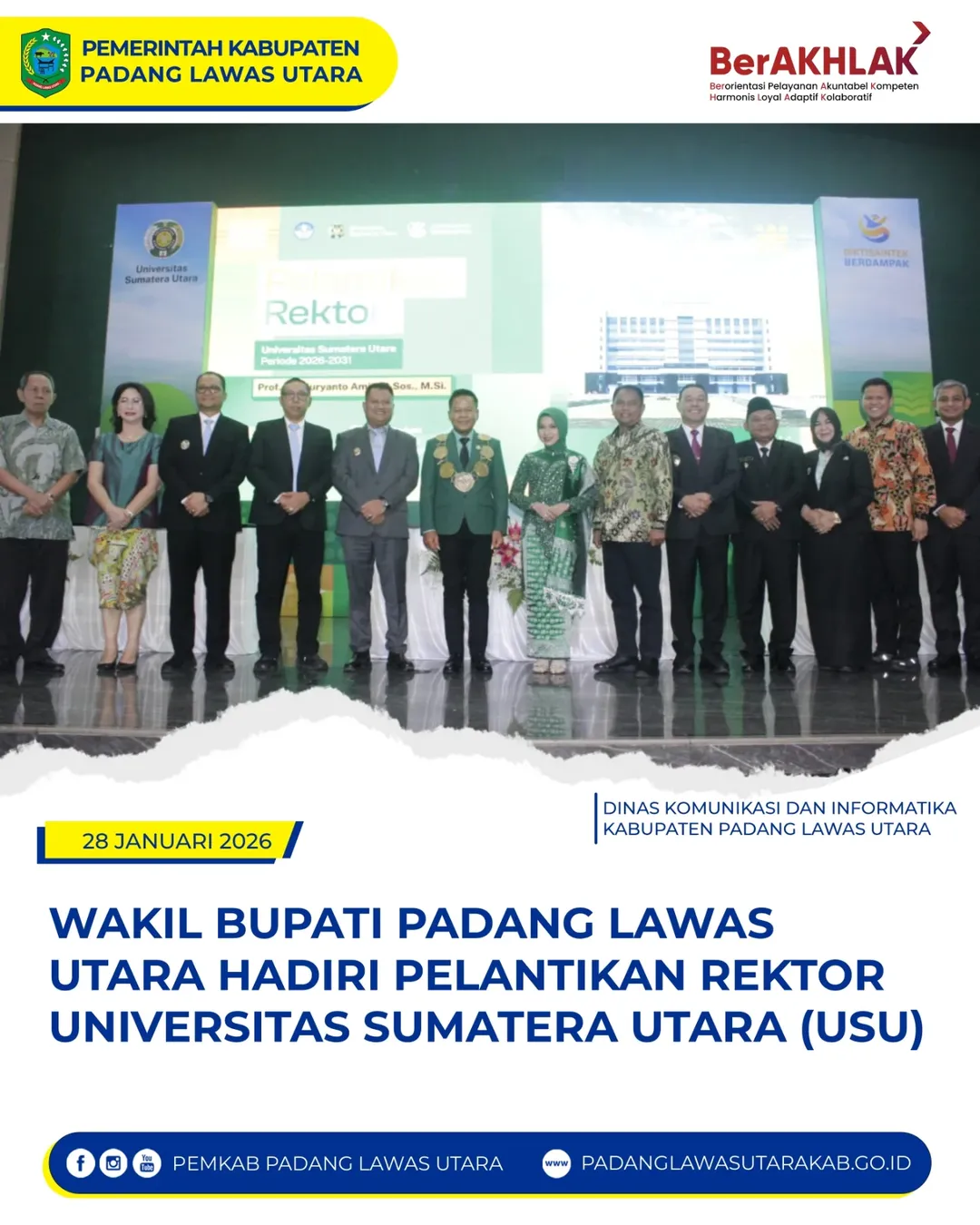 Wakil Bupati Padang Lawas Utara Basri Harahap menghadiri Pelantikan Rektor Universitas Sumatera Utara (USU) Prof Muryanto Amin untuk periode 2026-2031